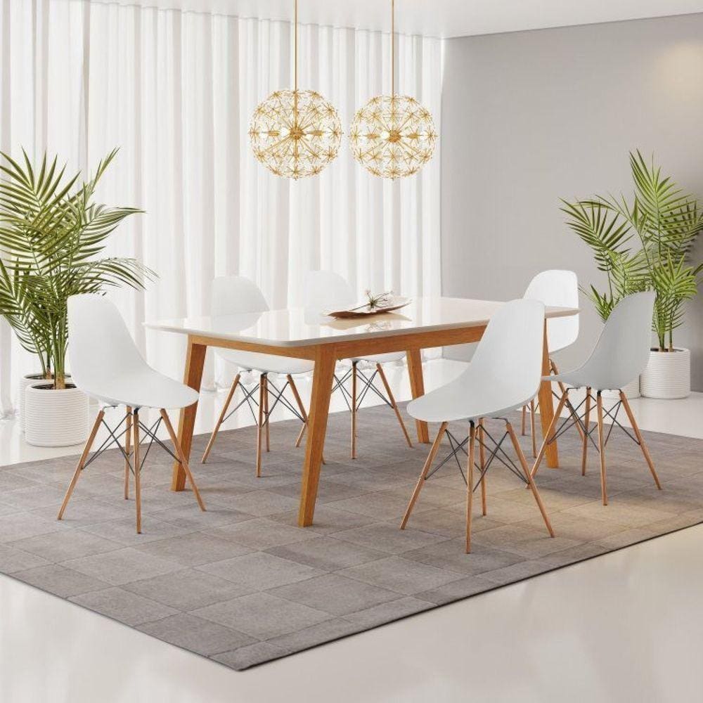 Conjunto Mesa de Jantar Madeira Maciça Retangular com 6 Cadeiras Eames Branco/Cinamomo