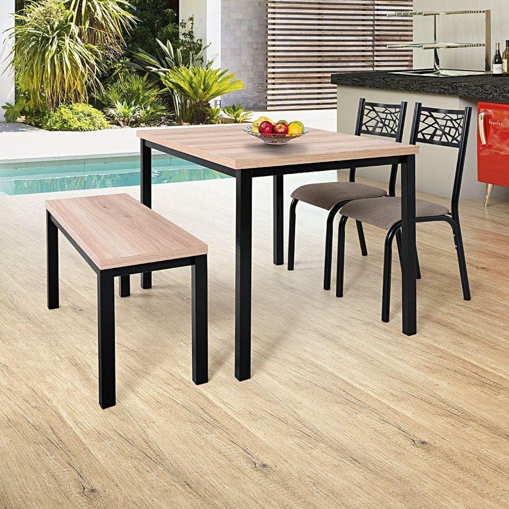 Conjunto Mesa 110x72cm 1 Banco Mega 2 Cadeiras Jade Ciplafe Preto/Linho Bege