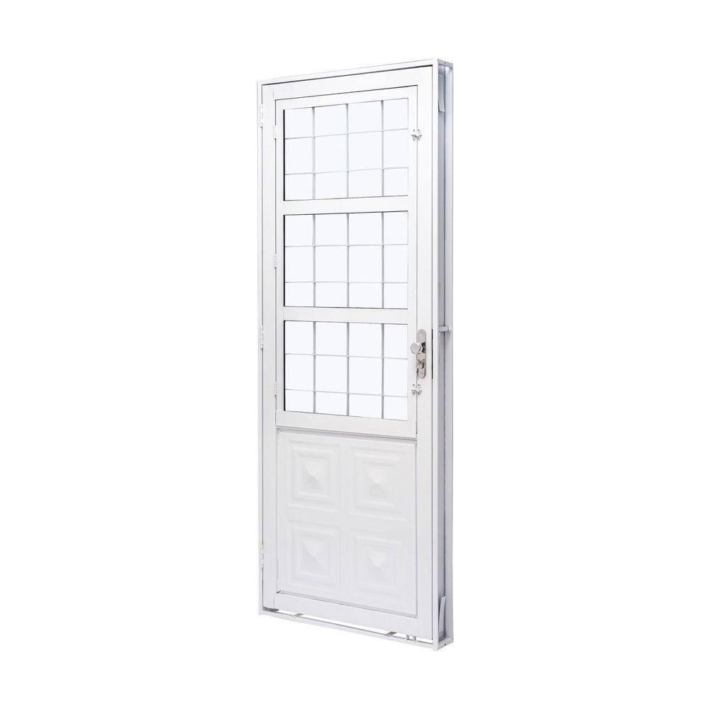 Porta de Aço com Postigo 215x83cm com Grade Quadriculada e Vidro Liso QualitySolRamassol