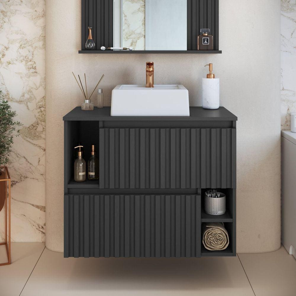 Gabinete de Banheiro Suspenso 75cm Luiza com 2 Portas Basculante com Cuba Grafite