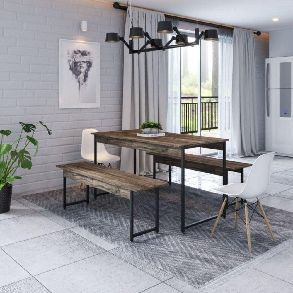 Conjunto Mesa de Jantar com 2 Banco e 2 Cadeiras Eames Base Madeira Espresso Móveis Carvalho Dark/Branco
