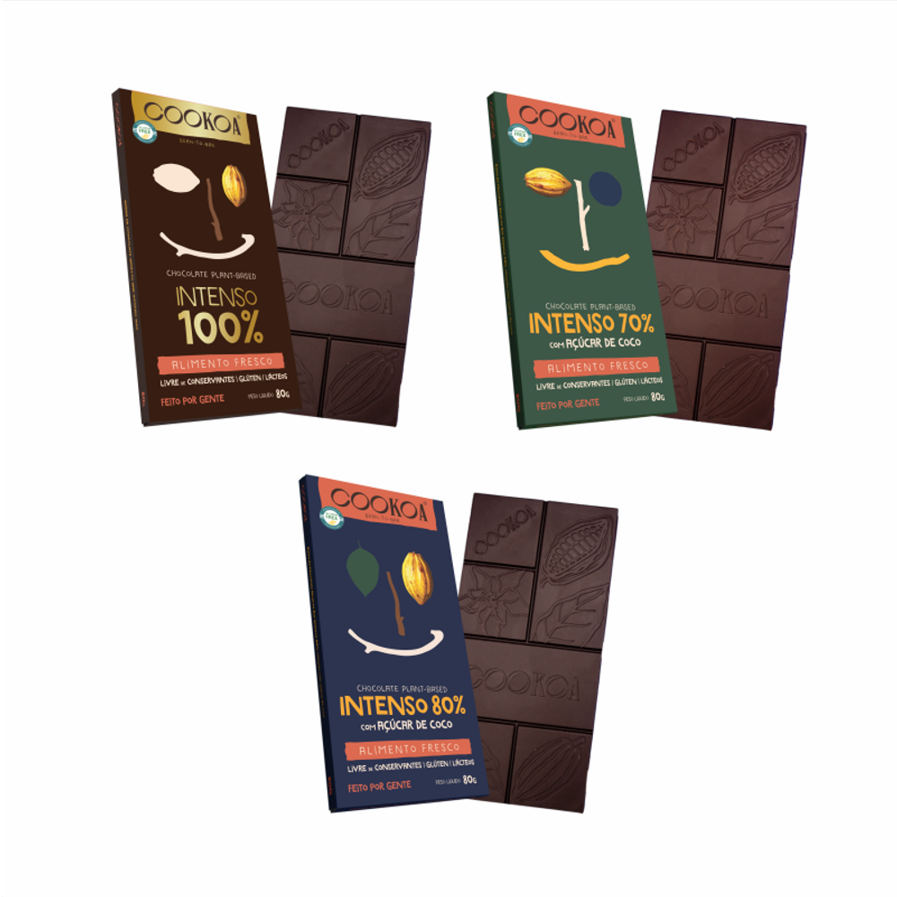 Kit 3 Chocolates Intenso Cookoa: 70%, 80%, 100% Cacau