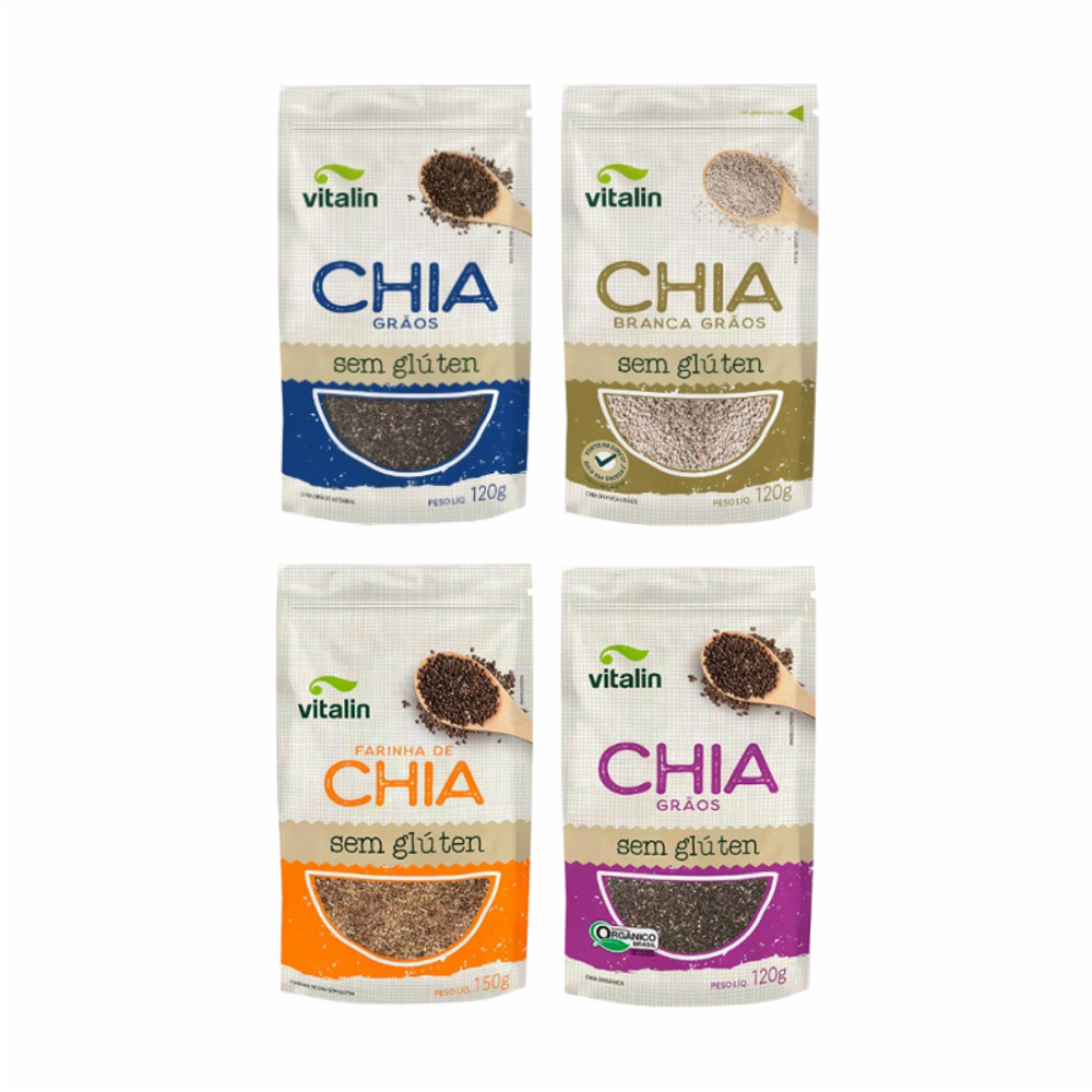 Kit 4 Chia Vitalin: Grãos Preta, Grãos Branca, Farinha, Grãos Orgânica