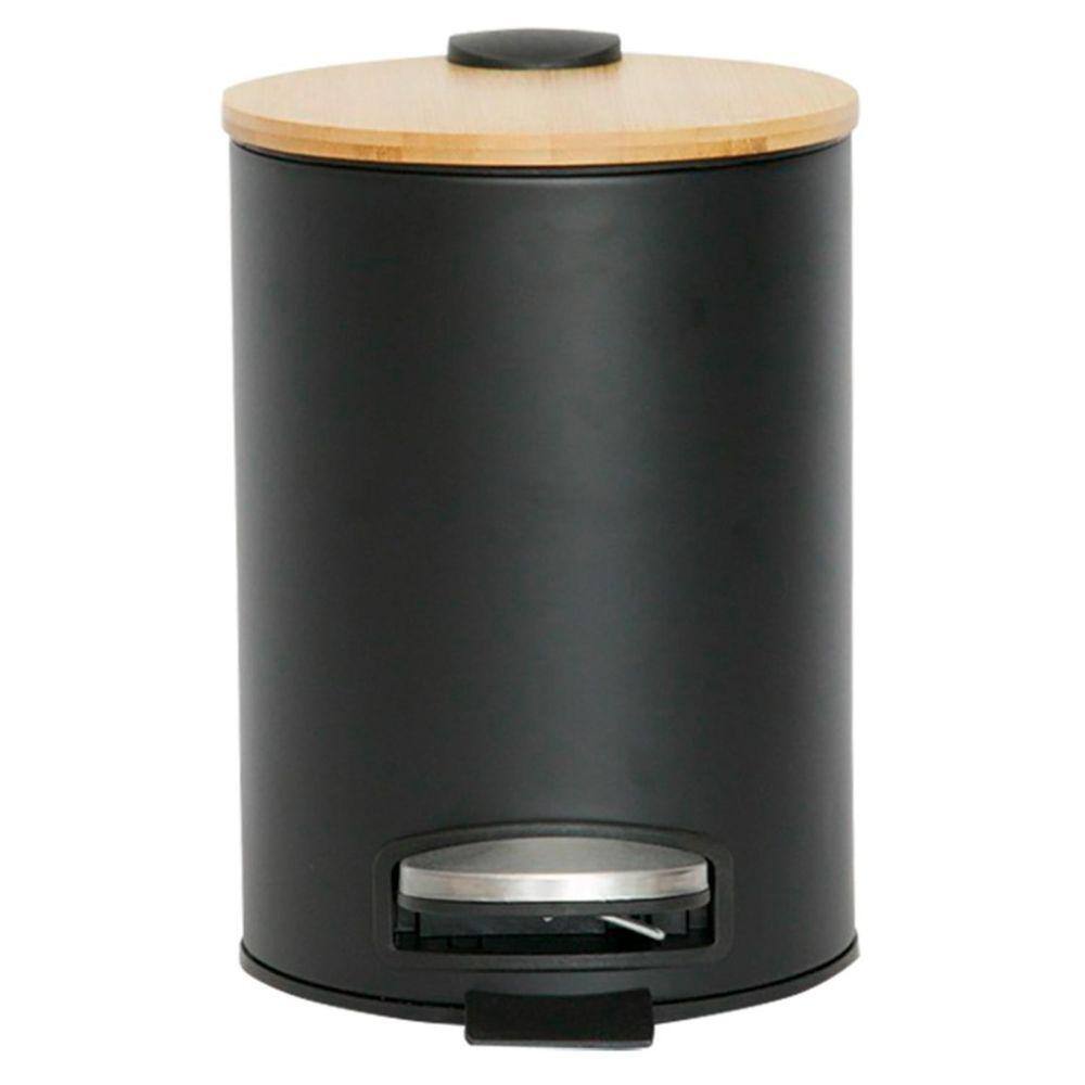 Lixeira em Aço Inox Preta Mimo Style 5 Litros com Tampa Bambu