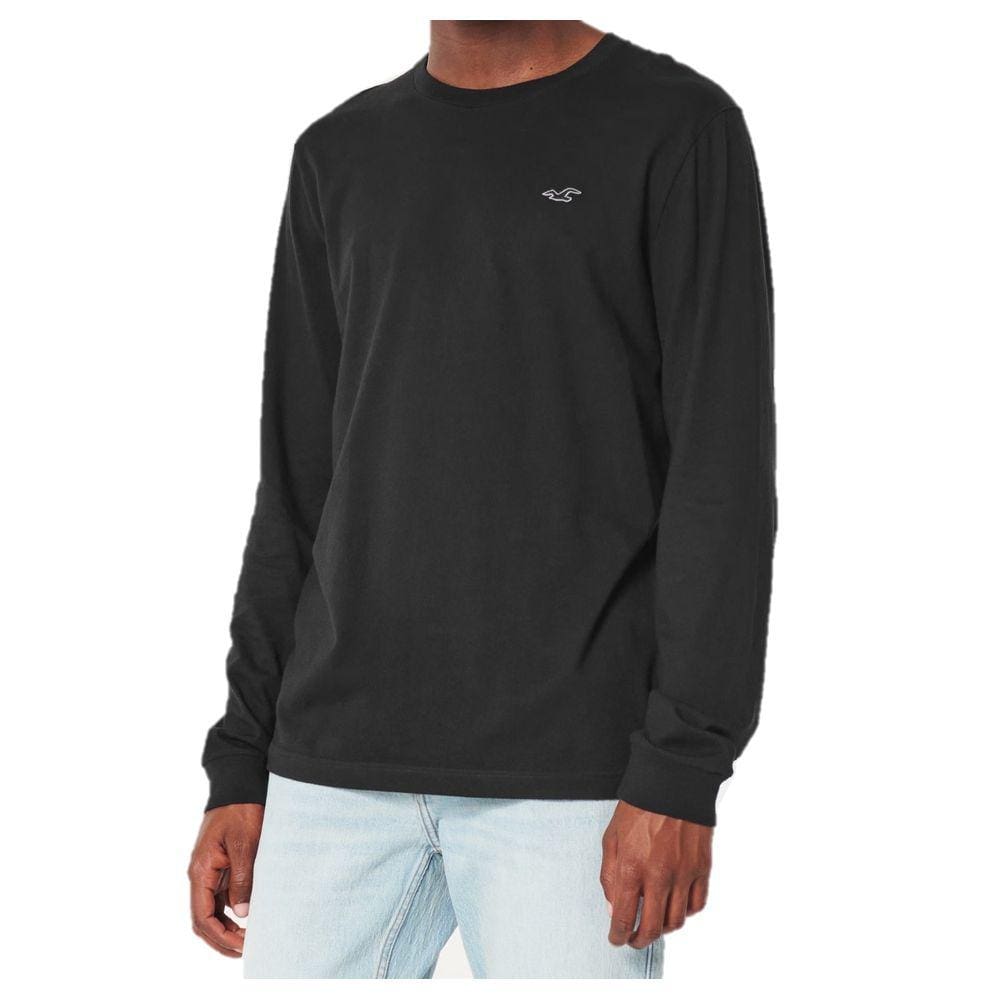 Camiseta Manga Longa Preta Hollister Masculina Bordada