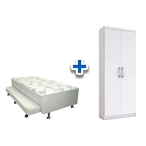 Cama Box Solteiro Conjugado Ortobom White c/ Auxiliar + Armário Multiuso Margarida Branco
