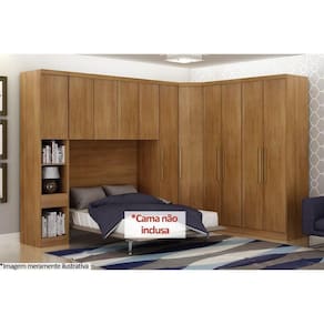 Quarto Modulado Casal Rizon 5 Peças (1 Armário Ponte + 1 Closet + 2 Guarda Roupas + 1 Complemento) QCM03 Freijo Cumaru - Novo Horizonte
