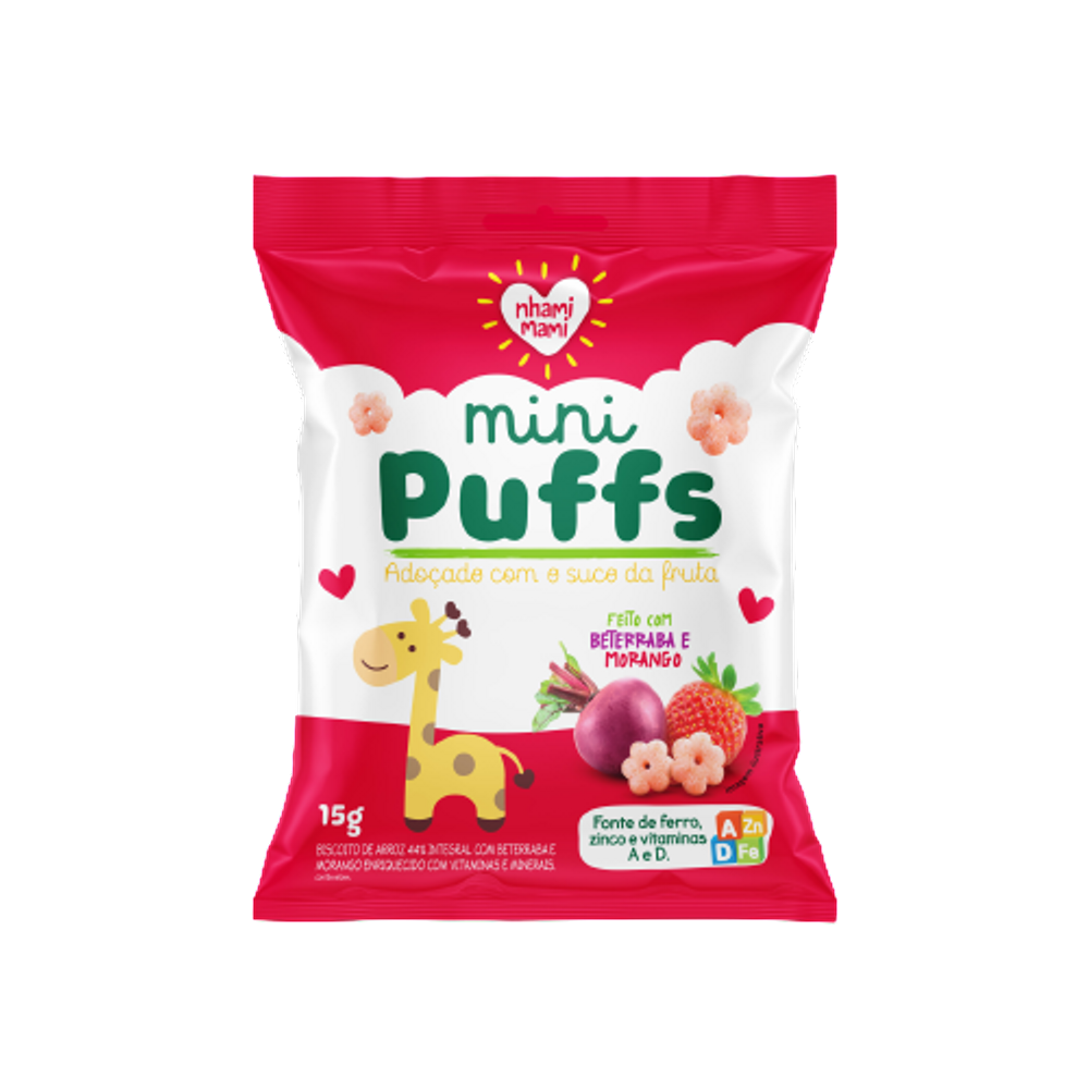 Snack Infantil Mini Puffs Beterraba e Morango Nhami Mami 15g