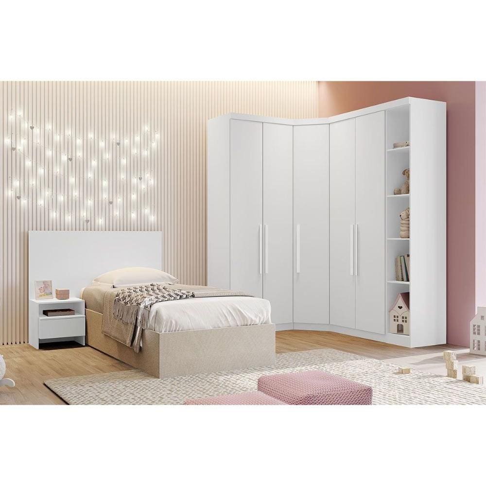 Quarto Modulado Solteiro Rizon 5 Peças (1 Closet + 2 Guarda Roupas + 1 Complemento + 1 Cabeceira) QC210 Branco - Novo Horizonte