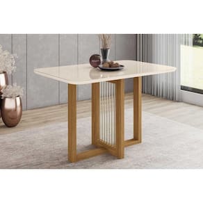 Mesa de Sala Jantar Natalí SC73 + Tampo Madeirado Vidro Curvo 120x80cm Nature/Off White - Henn