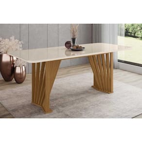 Mesa de Sala Jantar Adriana SC46 + Tampo Madeirado Vidro Curvo 200x80cm Nature/Off White - Henn