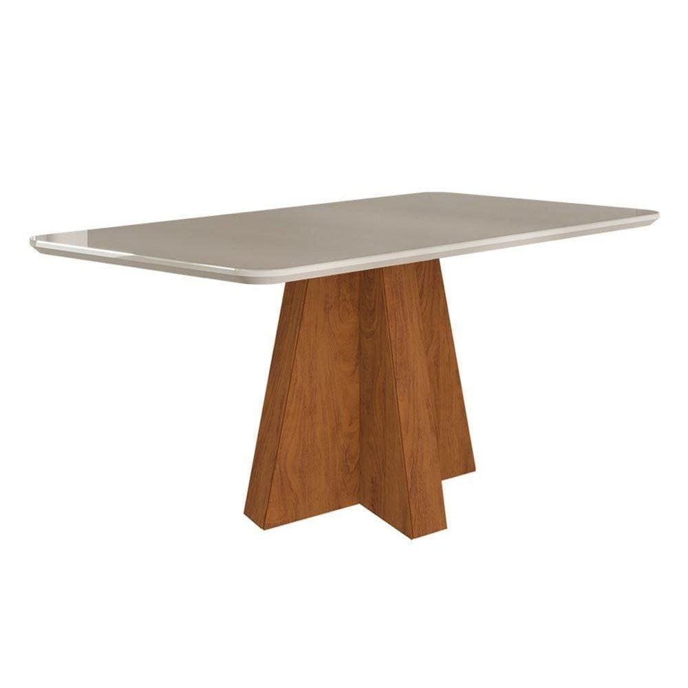 Mesa para Cozinha Maitê + Tampo Madeirado Vidro 160x80cm Savana c/ Off White - Cimol