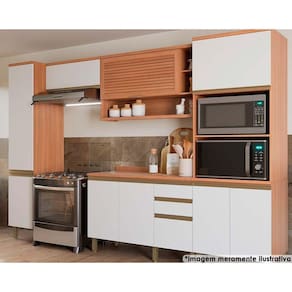 Cozinha Modulada Completa Thela Macadâmia 5 Peças (2Aéreos+1Balcão+2Paneleiros) CZC20 Freijo/Branco - Telasul