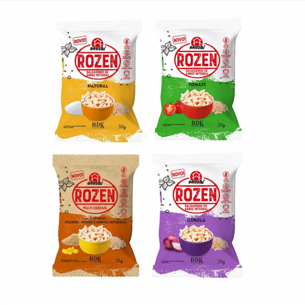 Kit 4 Salgadinhos Rozen Okoshi: Cebola, Tomate, Natural, Multicereais