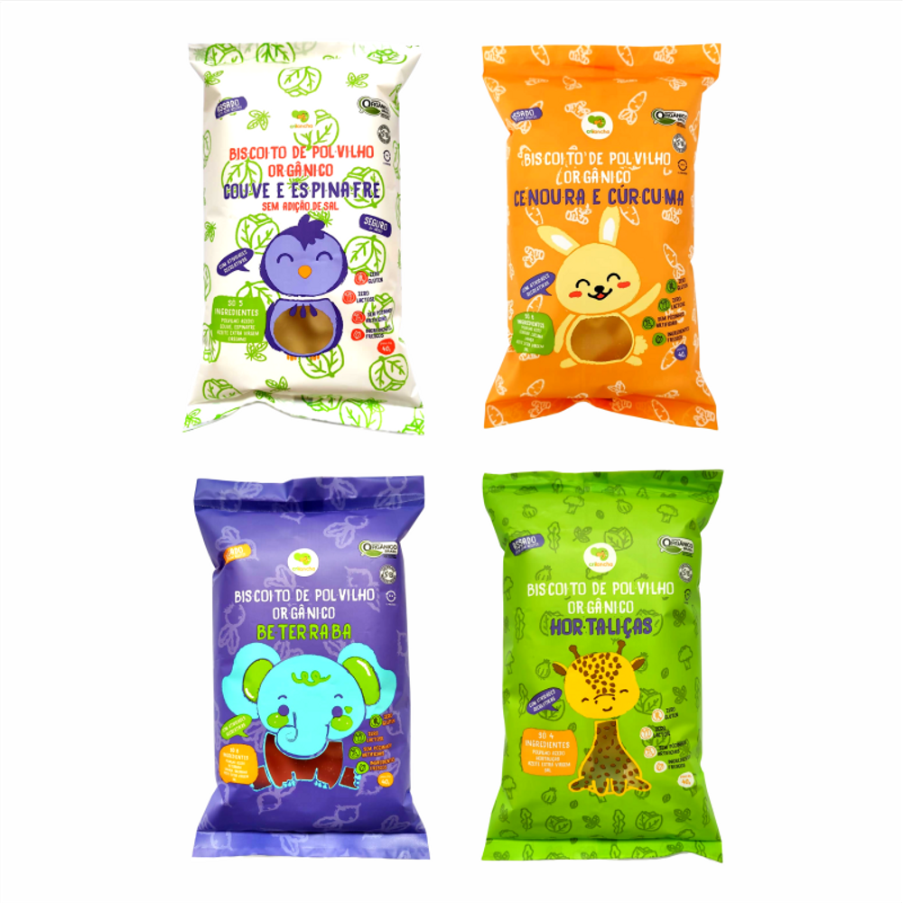 Kit 4 Biscoitos de Polvilho Crilancha: Hortaliças, Cenoura, Beterraba, Espinafre