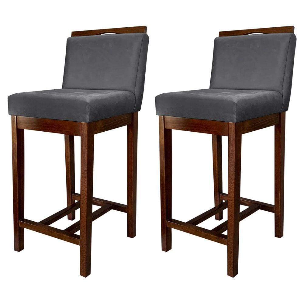 Kit 2 Banquetas Média Estofadas com Encosto Líbia Madeira Capuccino Suede CCS