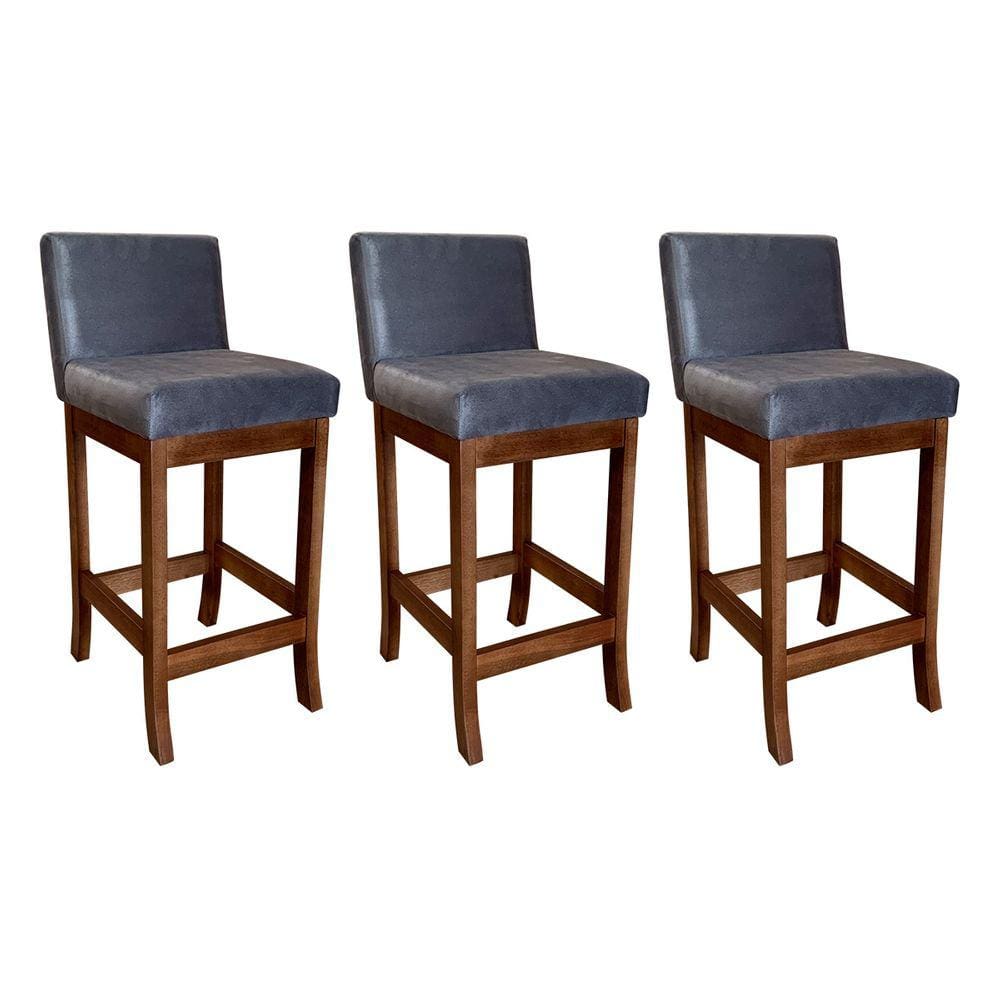 Kit 3 Banquetas Média Estofada Gourmet para Cozinha 38x90 Cm Espanha Madeira Castanho Suede CCS