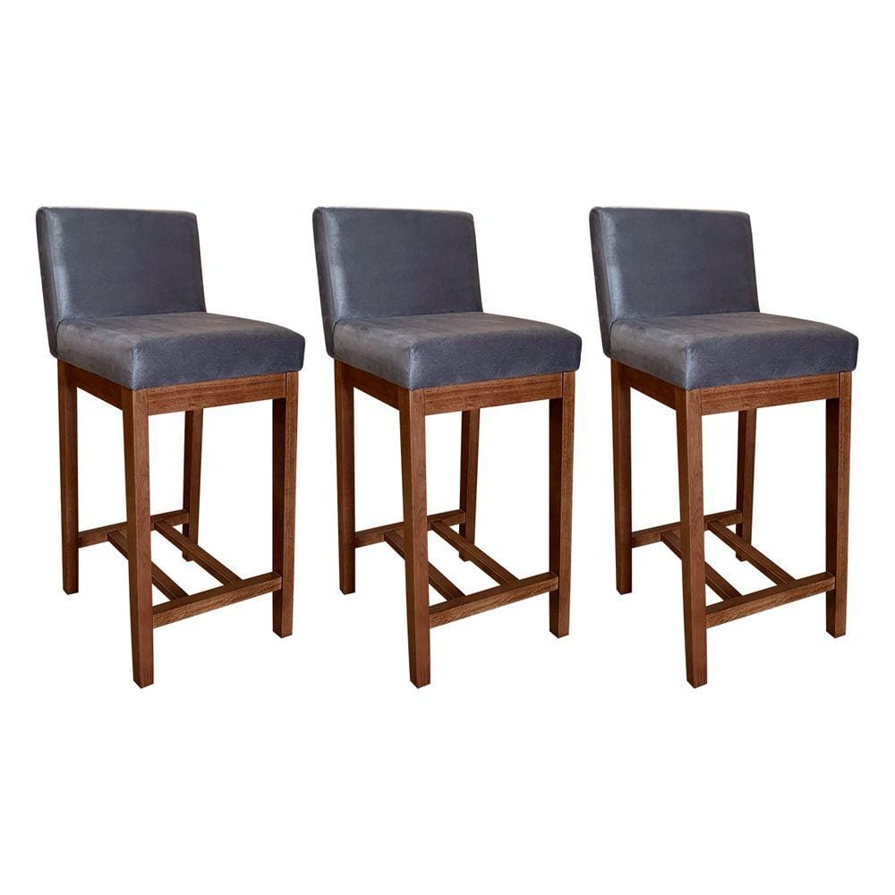 Kit 3 Banquetas Média Estofada com Encosto Lisboa 90 Cm Madeira Castanho Suede CCS