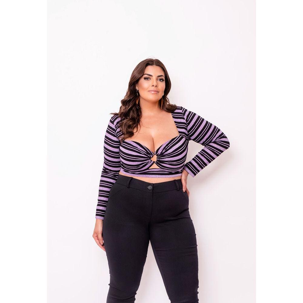 Cropped Plus Size Manga Longa Listrado