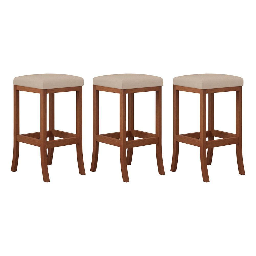 Kit 3 Banquetas Média Estofada para Cozinha Barcelona Madeira Castanho Suede CCS