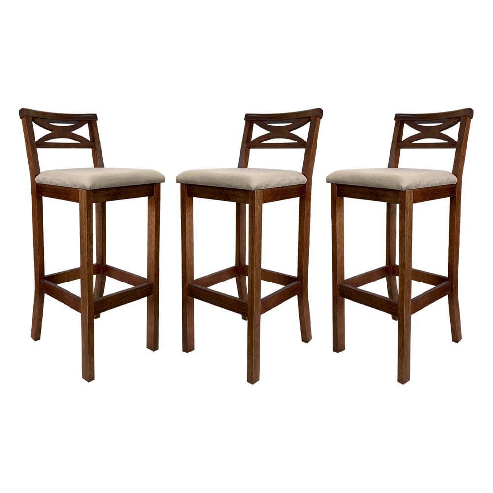 Kit 3 Banquetas Média Estofada para Bancada Madri Madeira Castanho Suede CCS