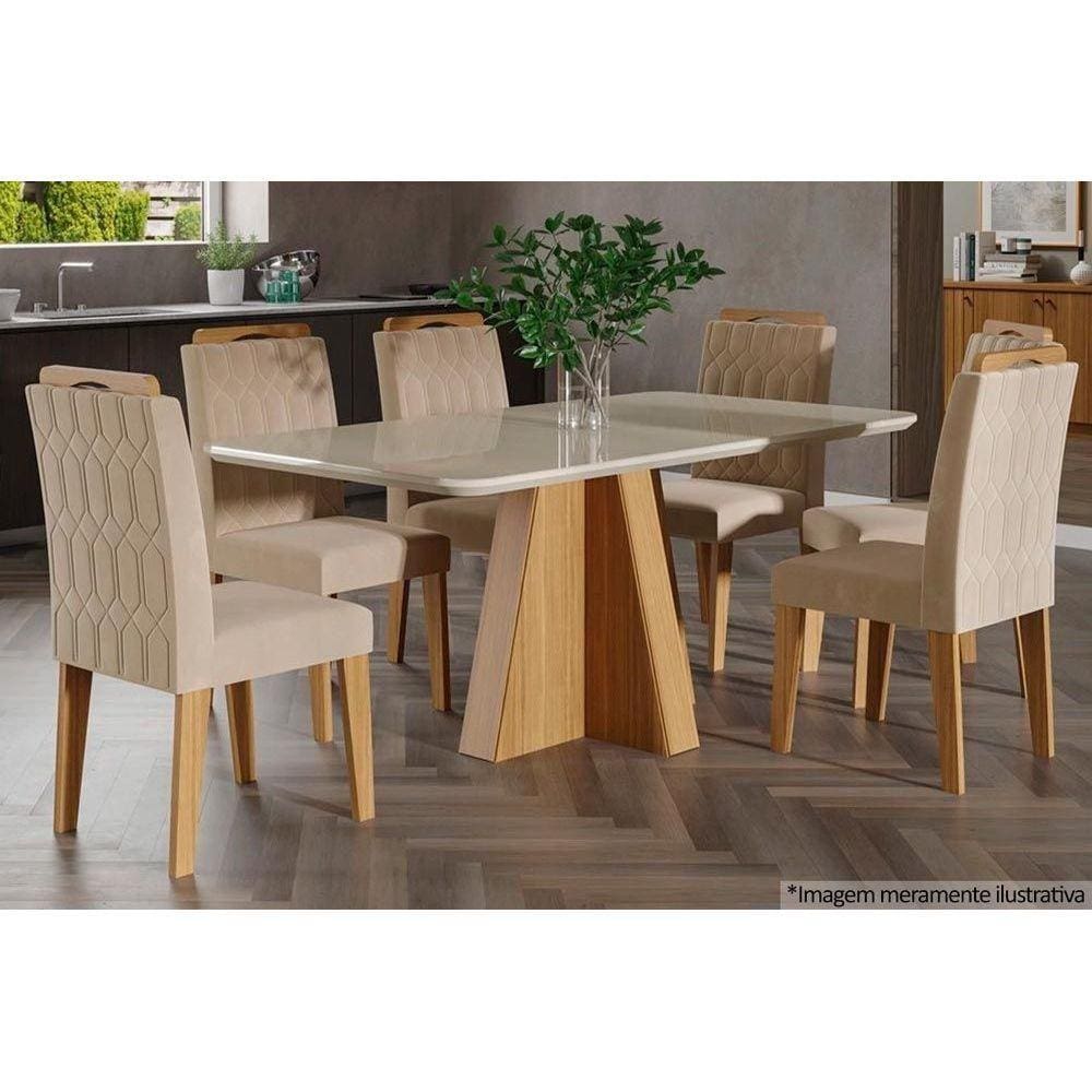Conjunto: Mesa Sala Jantar Maitê c/ Tampo Madeirado c/ Vidro Canto Reto 160cm + 6 Cadeiras Paola Nature/OW/Nude - Cimol