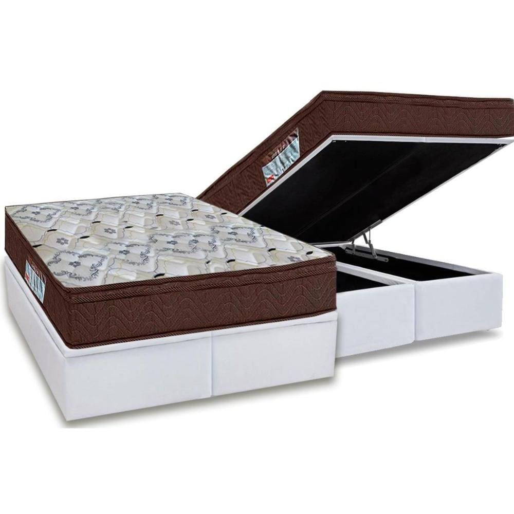 Cama Box Baú Queen: Colchão Ortopédico Ortobom D45 / EP ISO 150 Mega Firme + Base CRC Courano White(158x198)