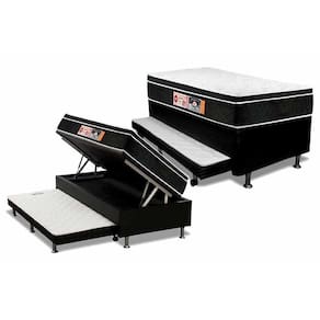 Cama Box Baú c/Auxiliar Solteiro: Colchão Espuma Castor D33 Black e White + Base CRC Courano Black(88x188)