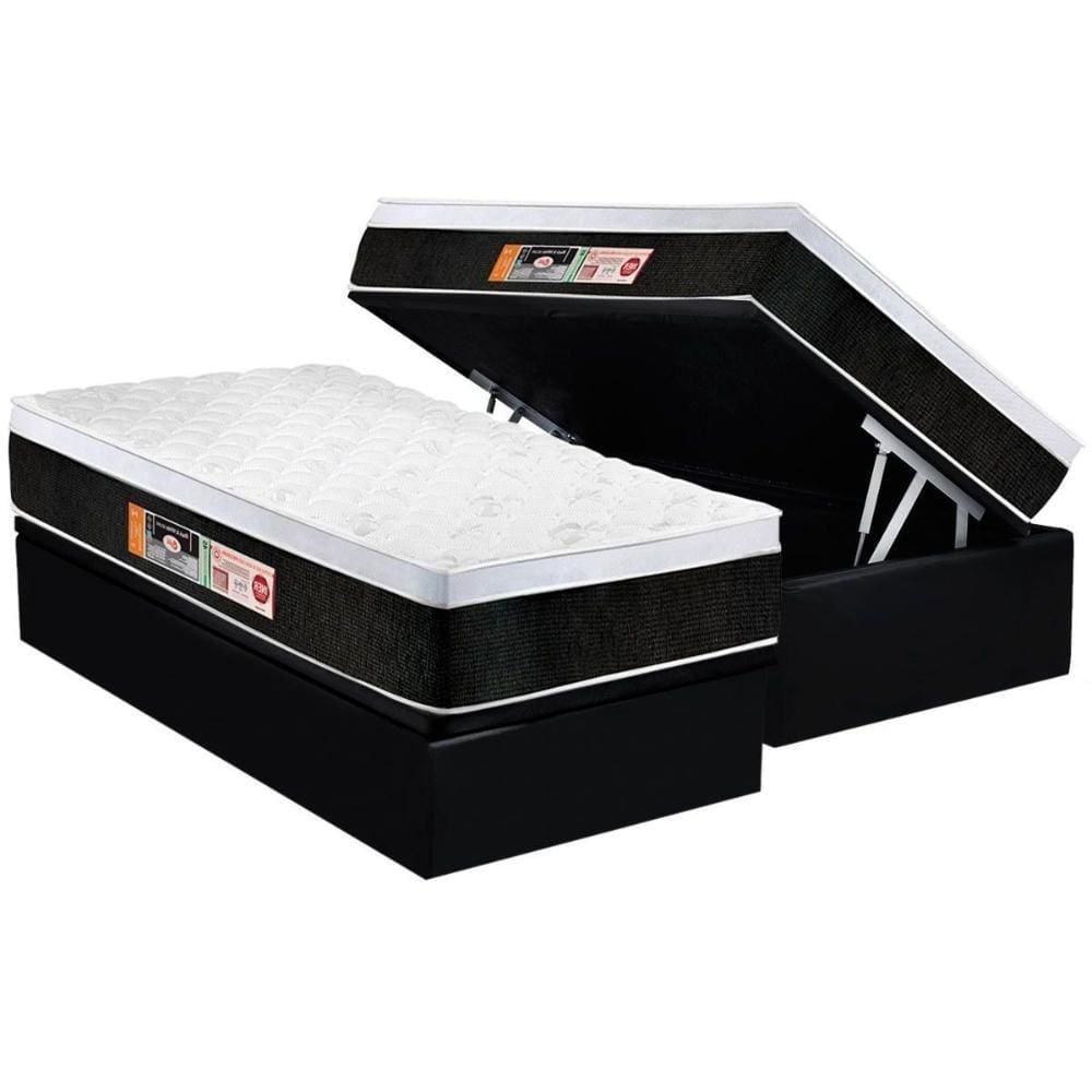 Cama Box Baú Solteiro: Colchão Espuma D45 Castor Black e White Air Euro Pillow + Base CRC Courano Black(88x188)