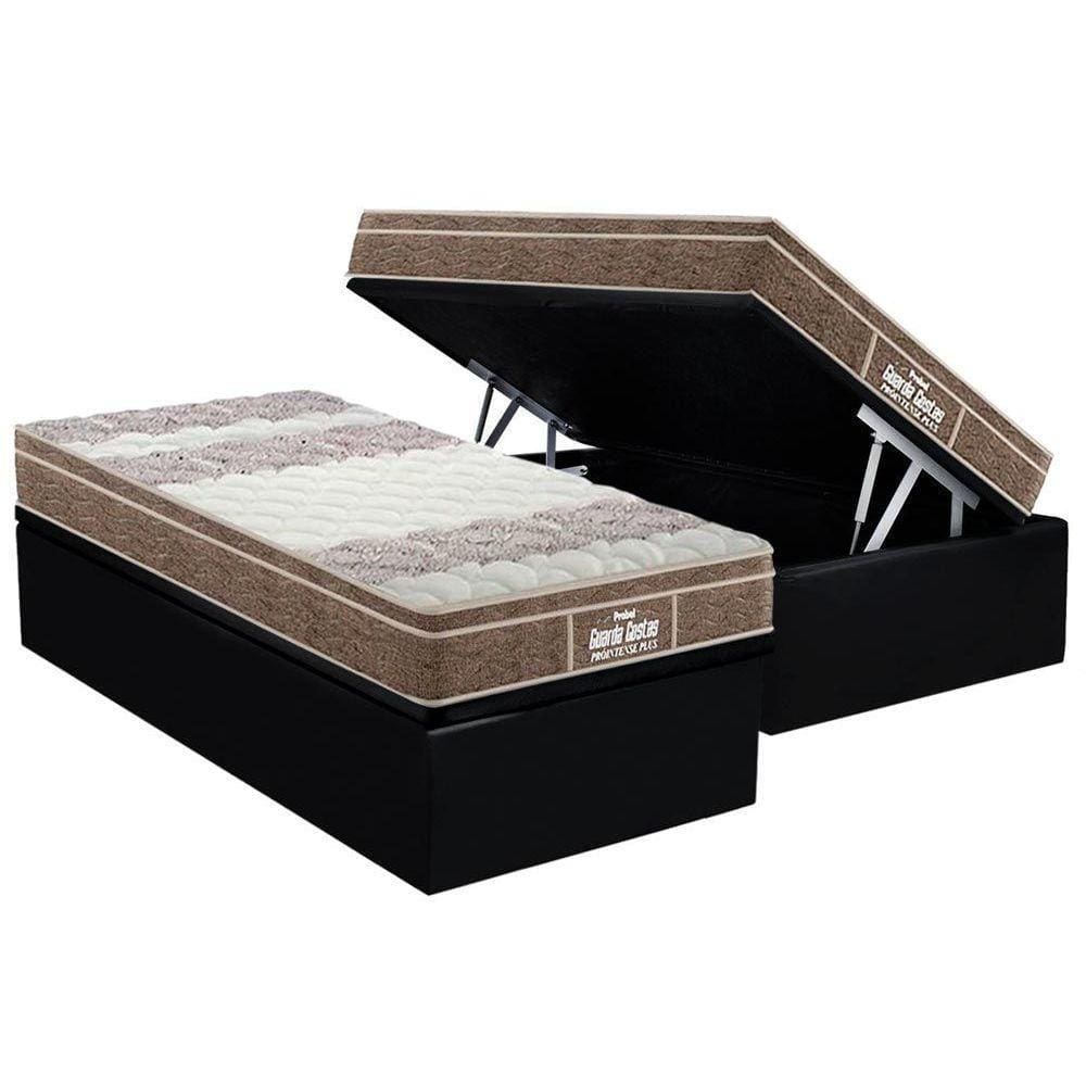 Cama Box Baú Solteiro: Colchão Ortopédico Probel D33 / EP Guarda Costas PróIntense Plus + Base CRC Suede Black(88x188)