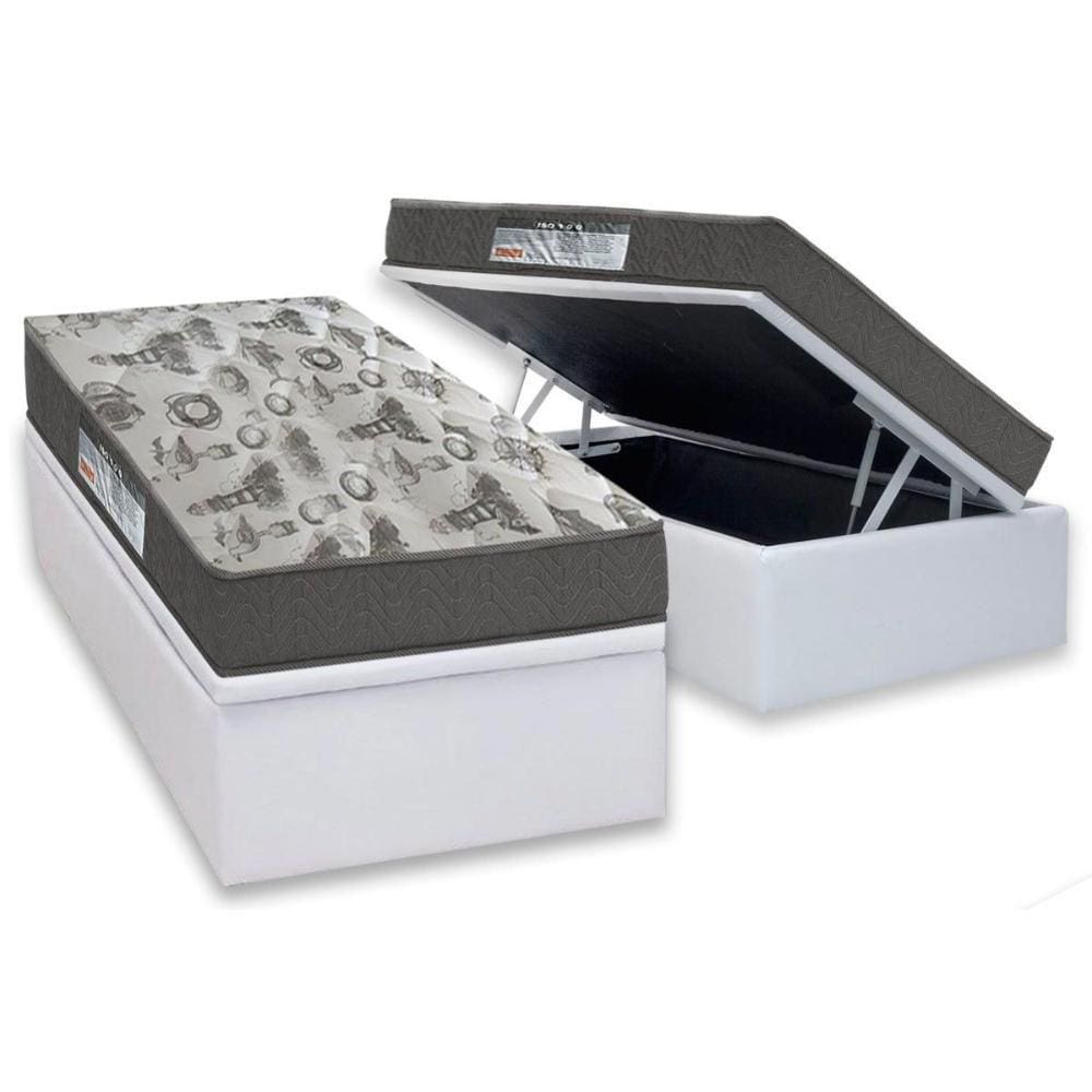 Cama Box Baú Solteiro: Colchão Ortopédico Ortobom D33 / EP ISO 100 Ultra Firme + Base CRC Courano White(88x188)