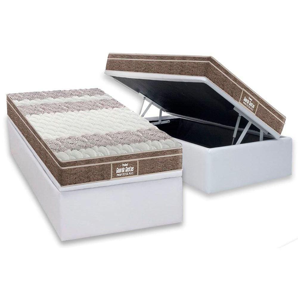 Cama Box Baú Solteiro: Colchão Ortopédico Probel D33 / EP Guarda Costas PróIntense Plus + Base CRC Courano White(88x188)