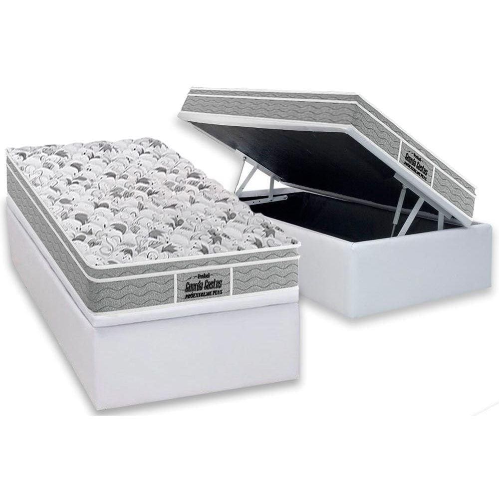 Cama Box Baú Solteiro: Colchão Ortopédico Probel D45 / EP Guarda Costas PróExtreme Plus + Base CRC Courano White(88x188)