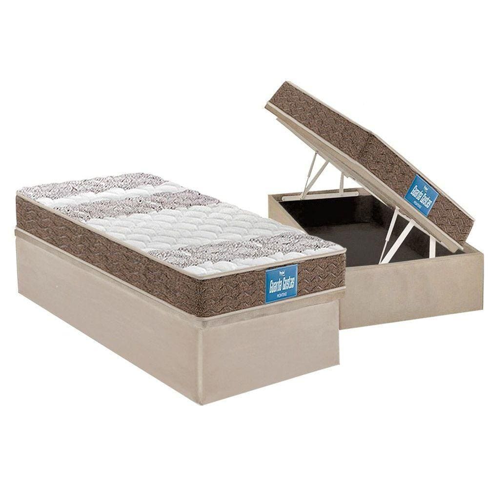 Cama Box Baú Solteiro: Colchão Ortopédico Probel D33 / EP Guarda Costas PróIntense Plus Double Face + Base CRC Suede Clean(88x188)