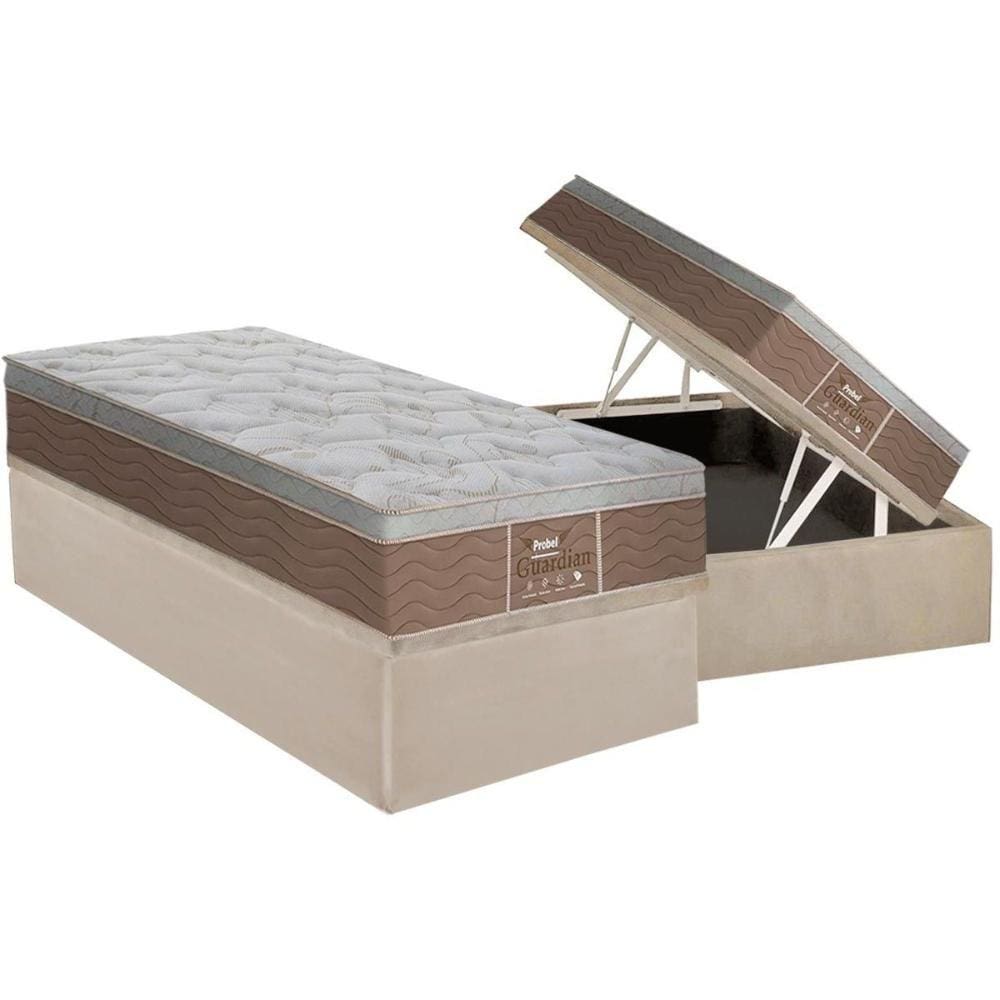Cama Box Baú Solteiro: Colchão Molas Probel Prolastic Guardian + Base CRC Suede Clean(88x188)