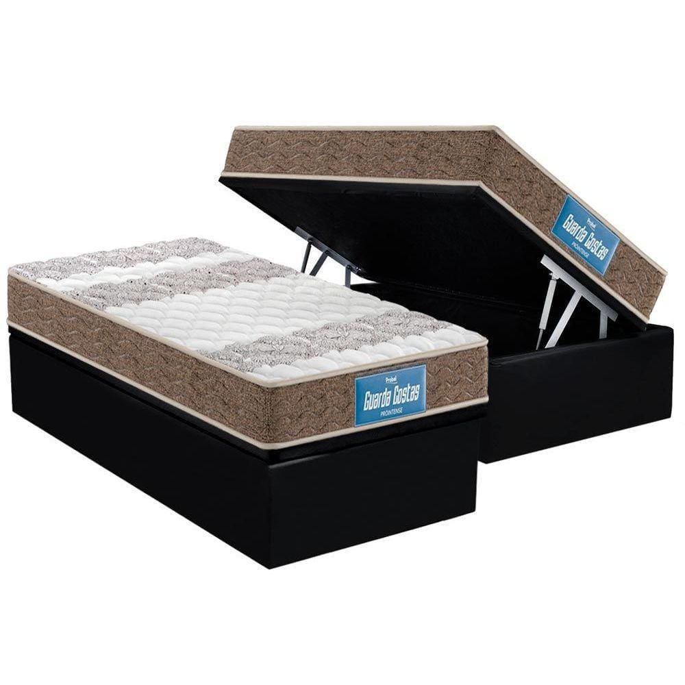 Cama Box Baú Solteiro: Colchão Ortopédico Probel D33 / EP Guarda Costas PróIntense Plus Double Face + Base CRC Courano Black(88x188)