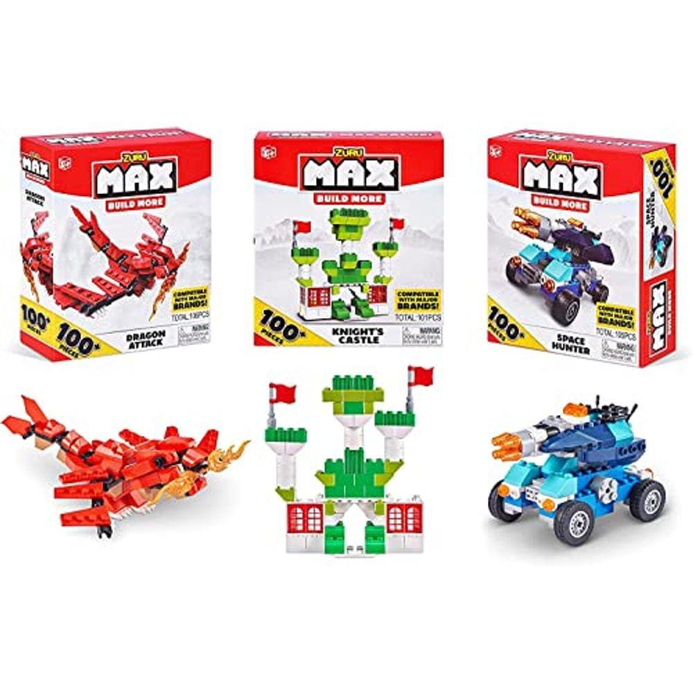 MAX Build More Construction Themed 100 Pc Brick Set (3 Pack) por ZURU Mais de 300 + Toy Building Blocks, 3 modelos para construir, Dragon Attack, Gree