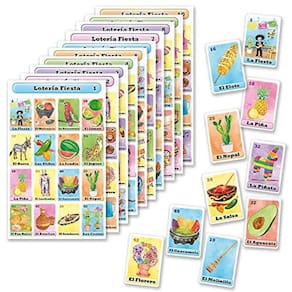 Loteria Fiesta Bingo Game Ambientado em espanhol, mexicano Fiesta Loteria para 10 jogadores - 10 tabuleiros e baralho completo de cartas