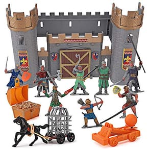 Cavaleiros do Castelo Medieval Action Figure Toy Army Playset com Castelo de Montagem, Catapulta e Carruagem Puxada a Cavalo (Balde de 8 Estatuetas de