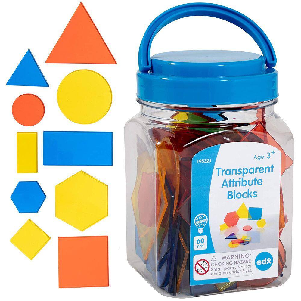 Edxeducation-19532 Blocos de atributo transparentes - Mini Jar Set de 60 - Formas Coloridas, De plástico - Acessório de Caixa de Luz - Jogo Sensorial