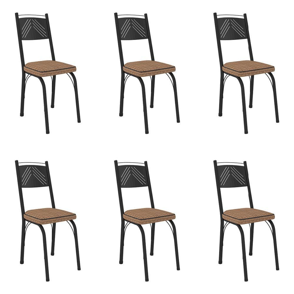 Kit 6 Cadeiras de Cozinha Virginia Estampado Rattan Bege Pés de Ferro Preto - Pallazio