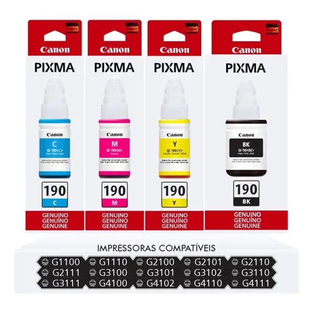 Kit 4 Refil De Tinta GL-190 Impressoras G1100 - G1110 - G2100 - G2110 - G3100 - G3102 - G3110 - G3111 - G4100 - G4110 - G4111.
