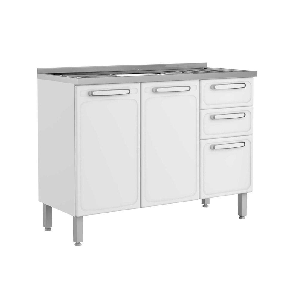 Balcão de Cozinha Evidence 7025 c/ Pia 3 Portas e 2 Gavetas 120cm Branco - Bertolini