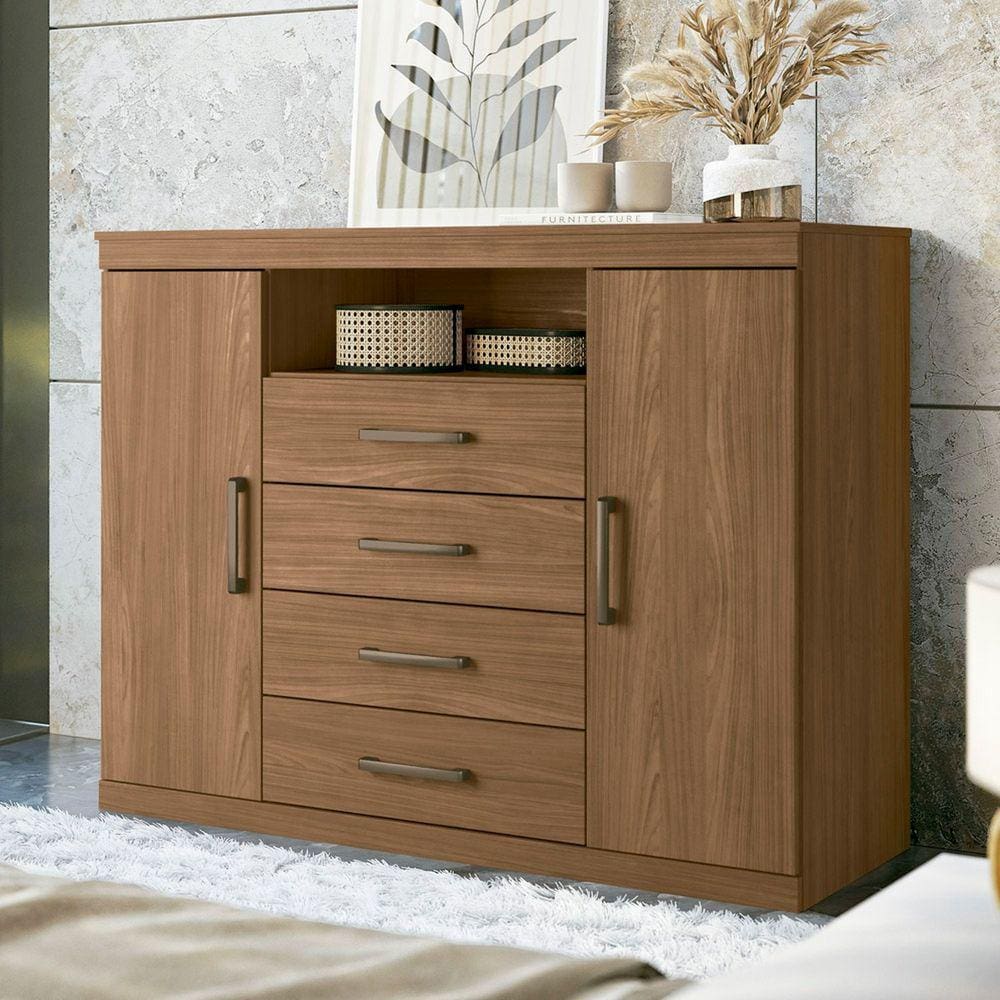 Cômoda para Quarto 2 Portas 4 Gavetas 1 Nicho Master Jatobá/Areia