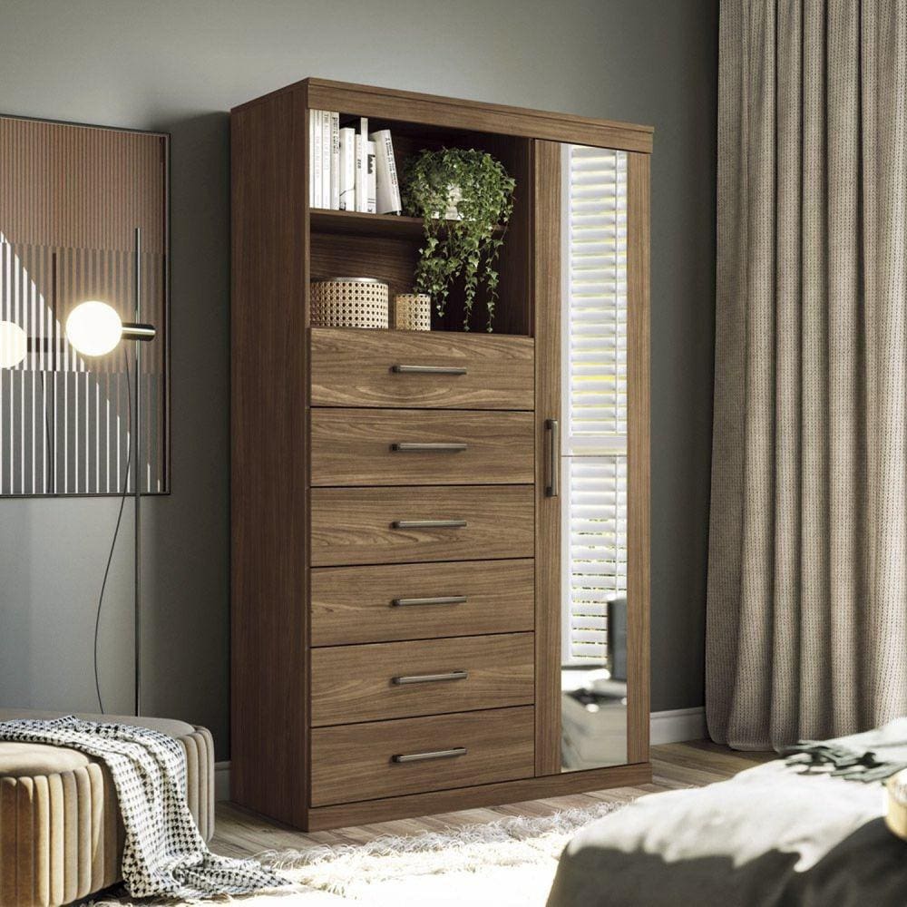 Multi-cômoda 1 Porta 6 Gavetas Marabá com Espelho Jatoba