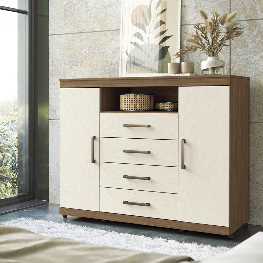 Cômoda para Quarto 2 Portas 4 Gavetas 1 Nicho Master com Rodízios Jatobá/Areia