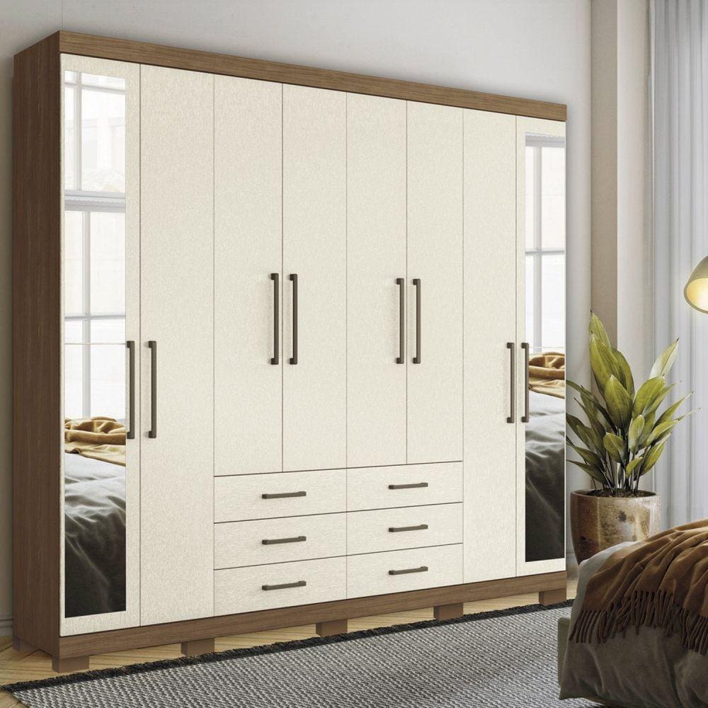 Guarda-roupa Casal 8 Portas 6 Gavetas Master com Espelho e Pés Jatobá/Areia