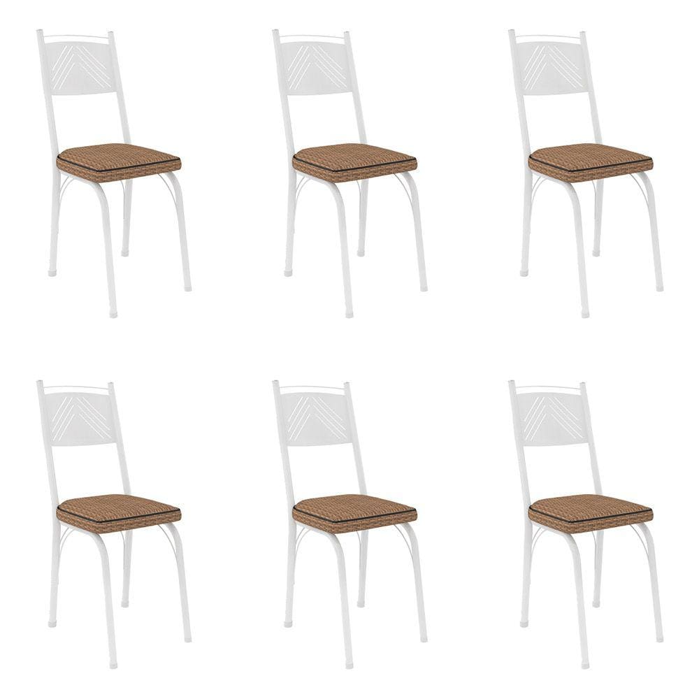 Kit 6 Cadeiras de Cozinha Virginia Estampado Rattan Bege Pés de Ferro Branco - Pallazio