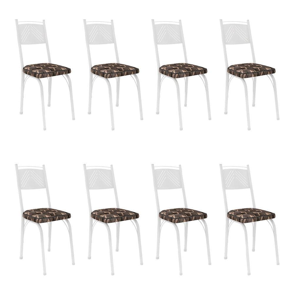 Kit 8 Cadeiras de Cozinha Virginia Estampado Mosaico Palha Pés de Ferro Branco - Pallazio