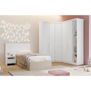 Quarto Modulado Solteiro Rizon 5 Peças (1 Closet + 2 Guarda Roupas + 1 Complemento + 1 Cabeceira) QC210 Branco - Novo Horizonte